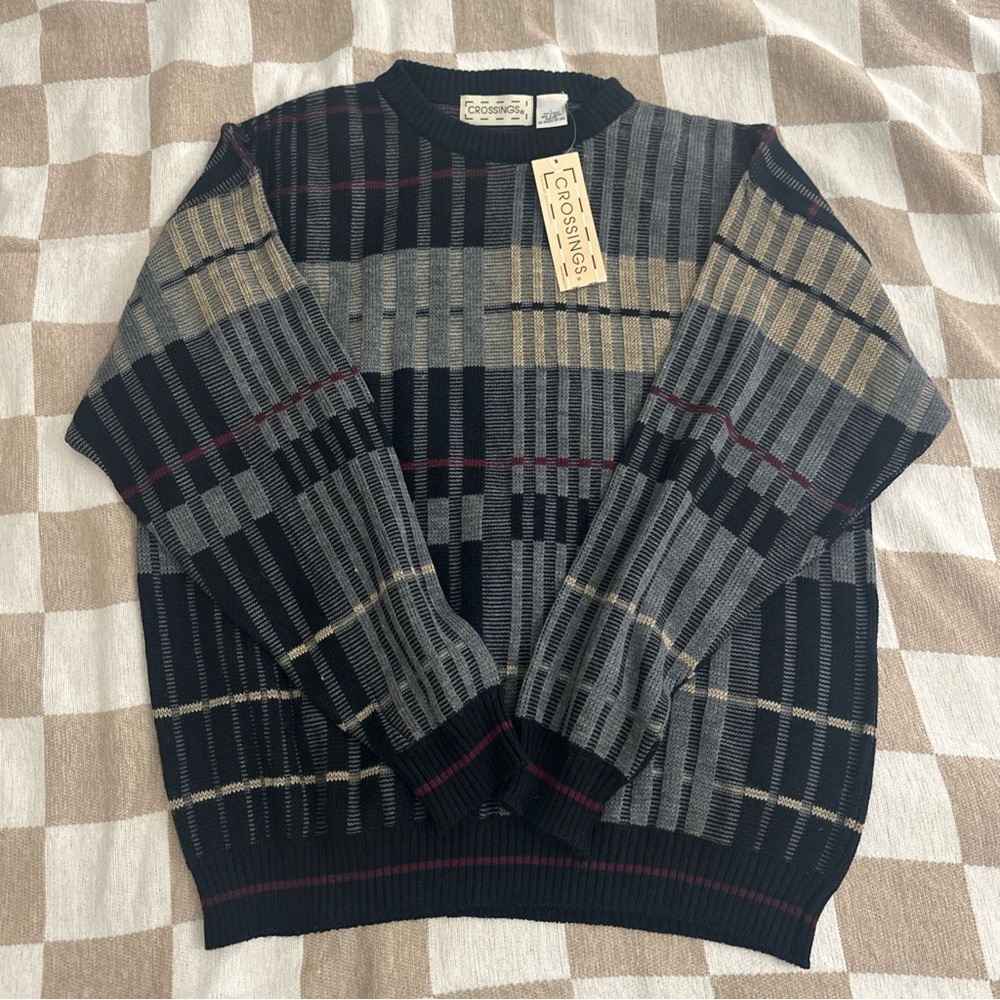 Crossings Men's Plaid Crewneck Sweater - Black and Gray